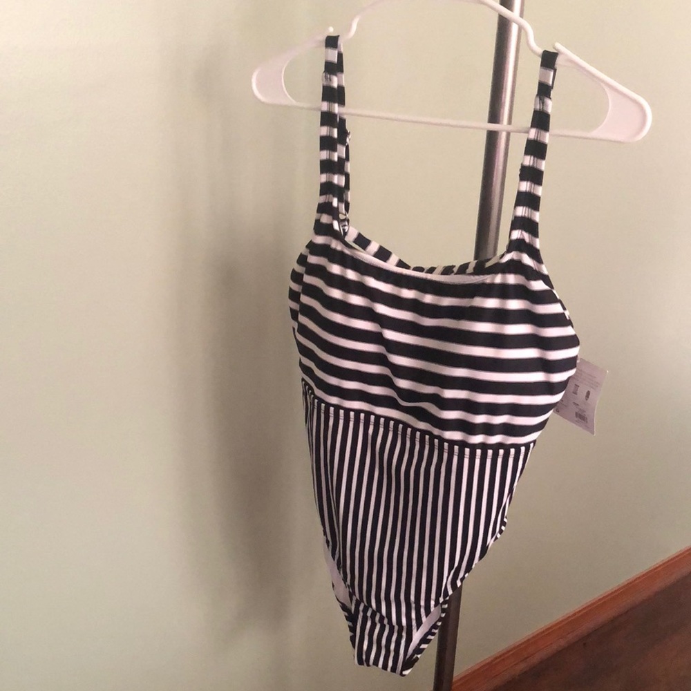 NWT Eco Beach one piece size large swimsuit. Black and white stripes.